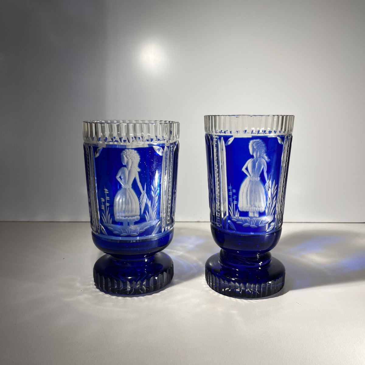 Bohemian Crystal, Set Of 2 Glasses Decorated With Elegant, Double-cut Cobalt Blue, Ca 1900-photo-4