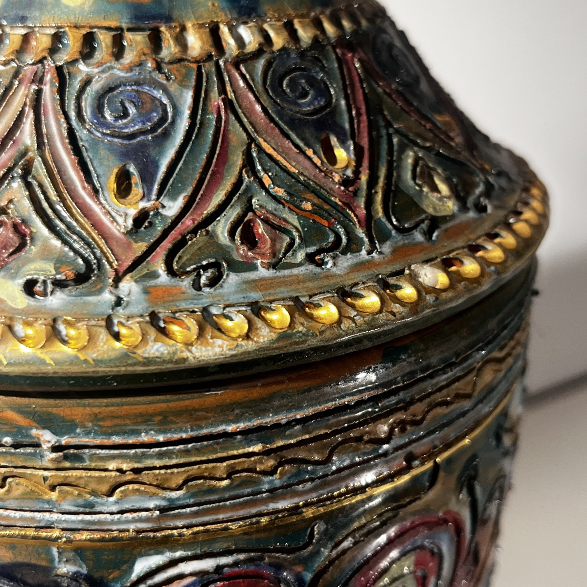 Louis Waem pour Maîtrise de Nimy, vase couvert en céramique polychrome, 1940s-photo-4