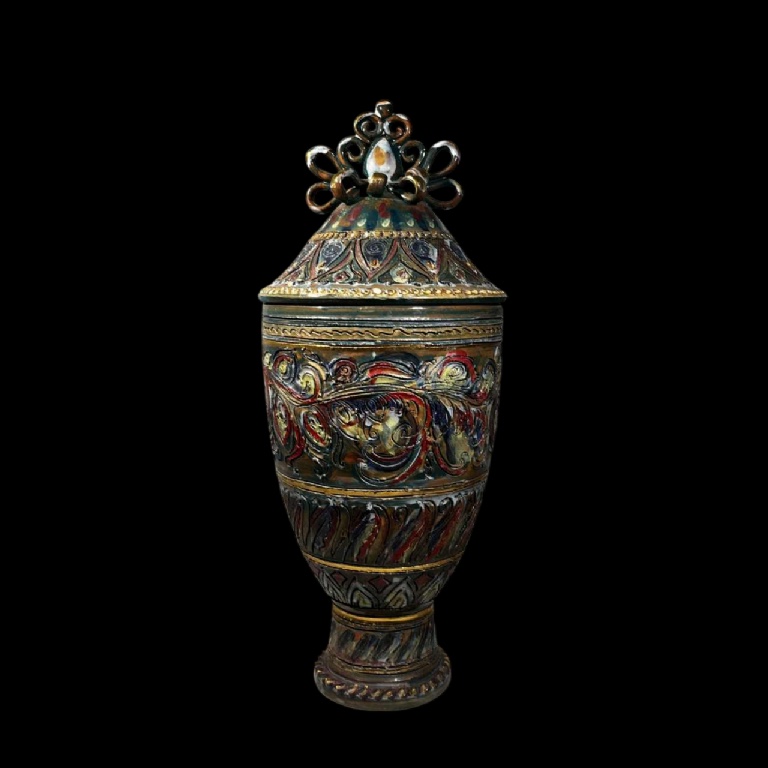 Louis Waem pour Maîtrise de Nimy, vase couvert en céramique polychrome, 1940s