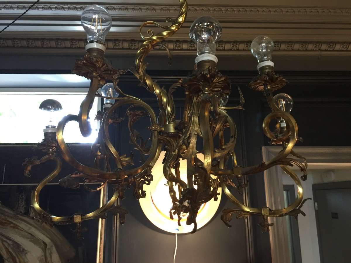 Lustre Napoléon III en bronze, style Louis XV torsade rocaille baroque, 1890.-photo-2