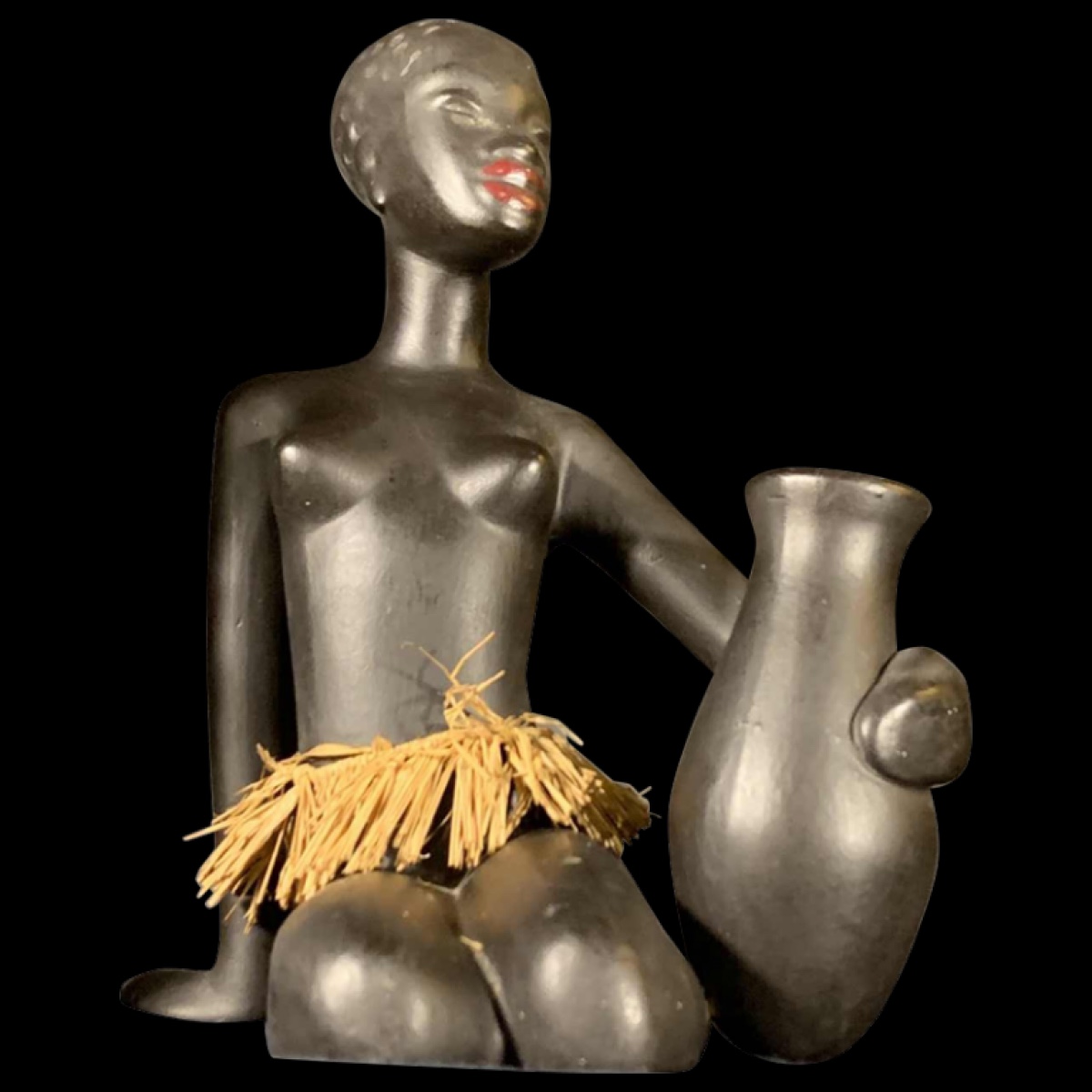 Anzengruber Keramik, Ceramic Sculpture Of A Naked African Watusi Woman With A Tamtam And Loincloth, 1950
