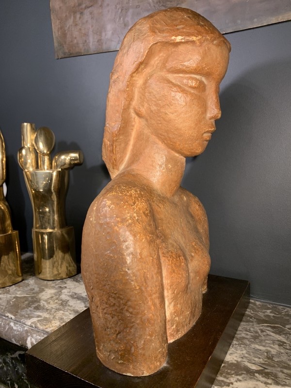 HARRY ELSTROM, Sculpture Expressionniste Art Déco " Buste Femme nue " piece unique 1940-photo-5