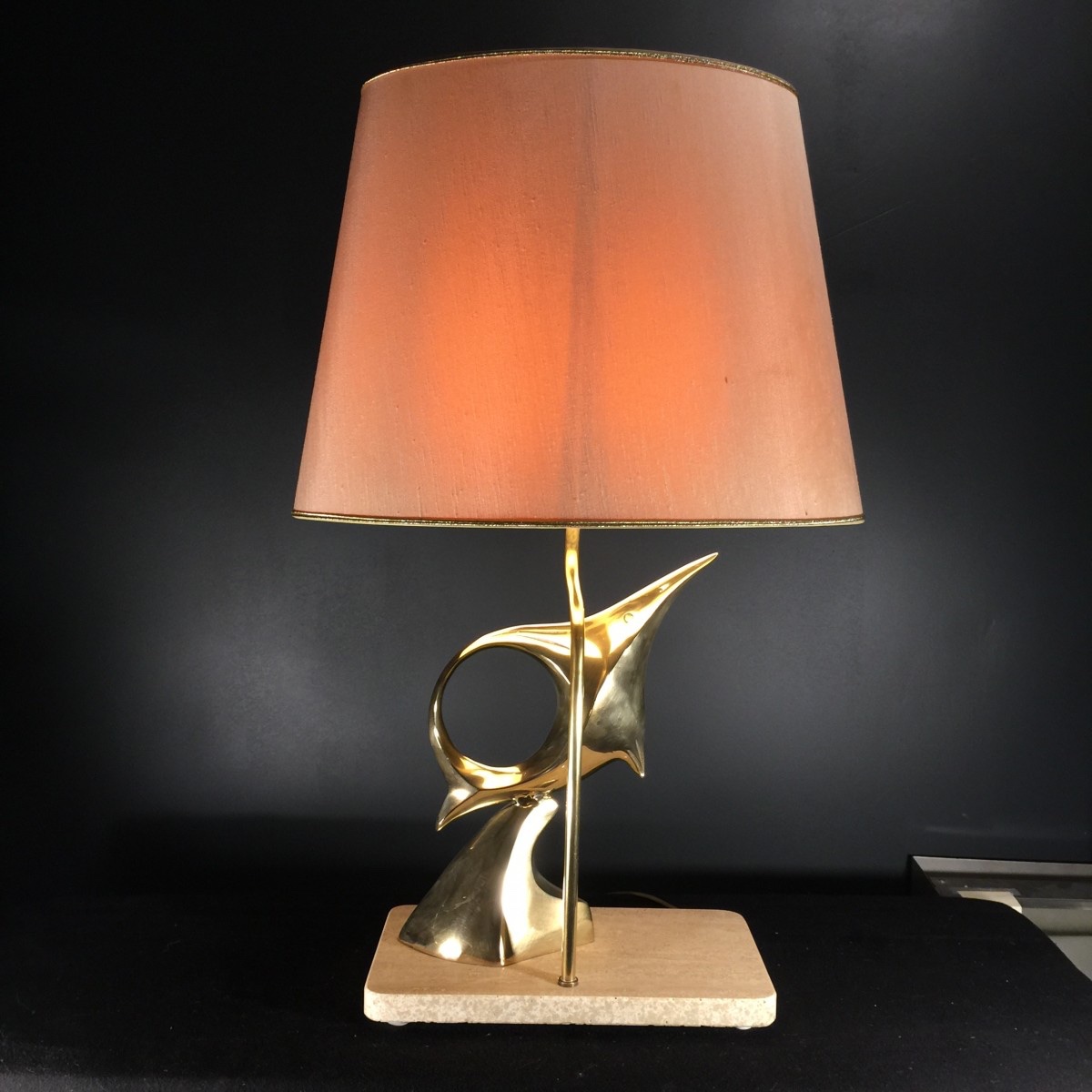 Hollywood Regency Modernist Stylized Fish Table Lamp/sculpture, Bronze And Brass, 1960-photo-3