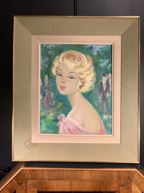 LUCIA LONGI, Portrait de jeune femme, tableau huile sur toile, circa 1950-photo-2