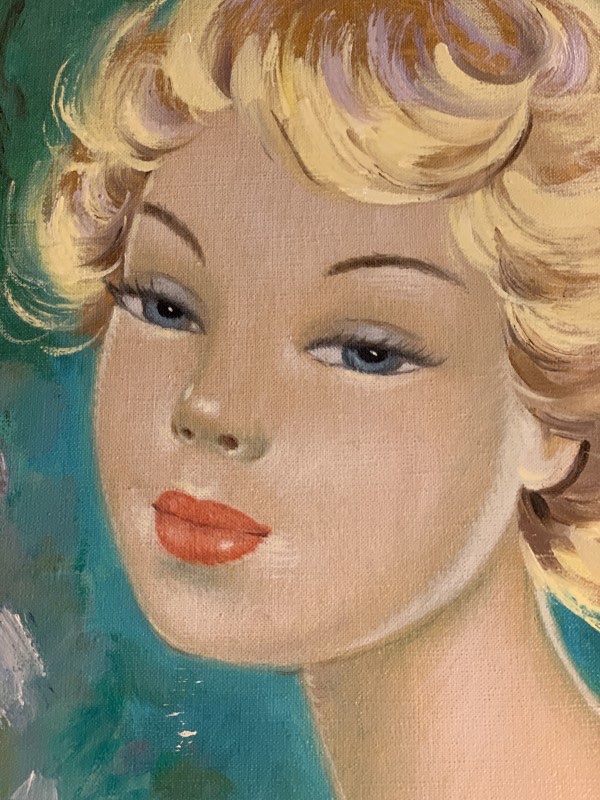LUCIA LONGI, Portrait de jeune femme, tableau huile sur toile, circa 1950-photo-4