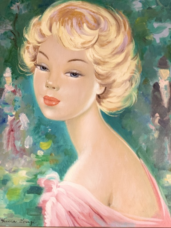 LUCIA LONGI, Portrait de jeune femme, tableau huile sur toile, circa 1950