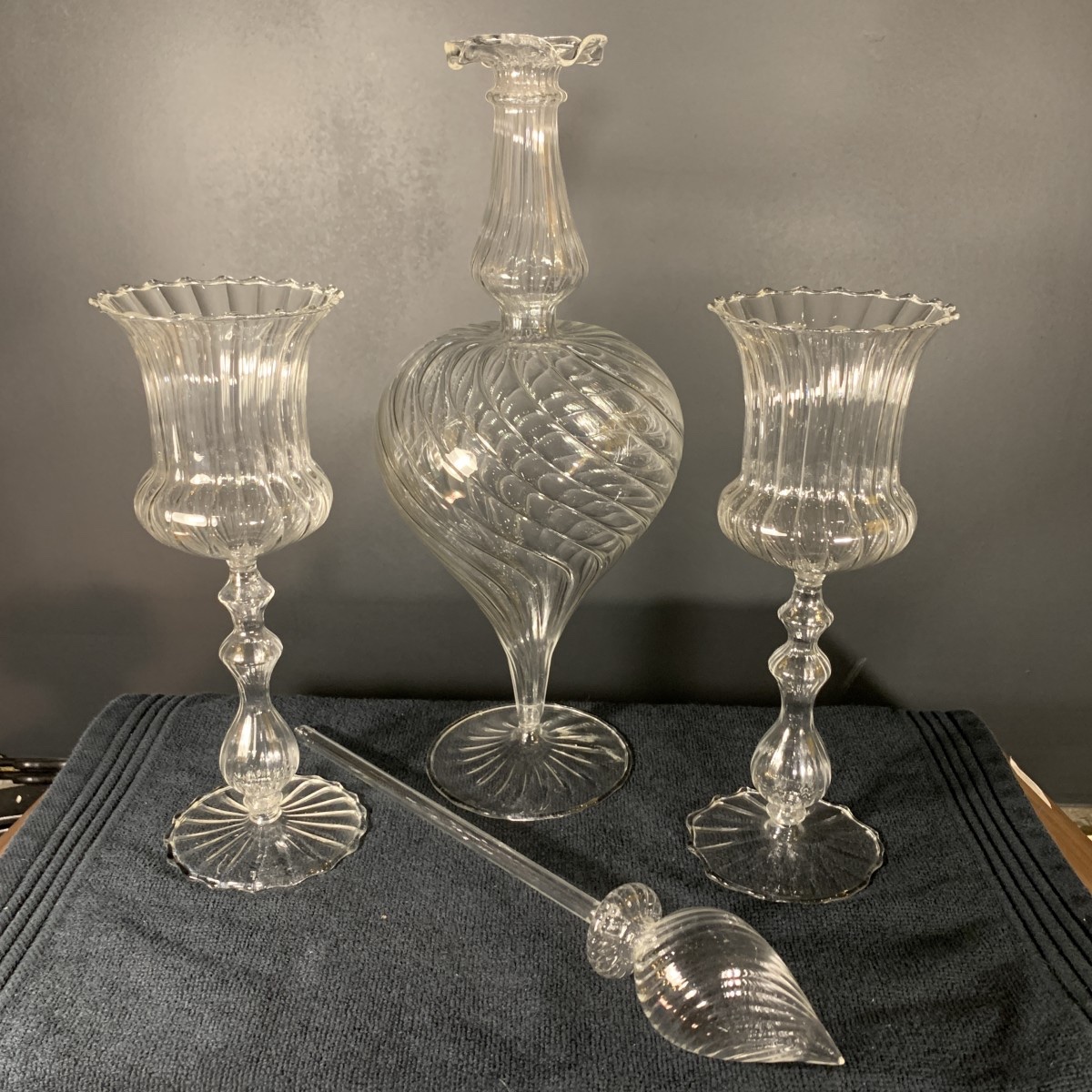 MURANO, ensemble carafe 6 verres et mélangeur, verre soufflé incolore, 1980s-photo-2