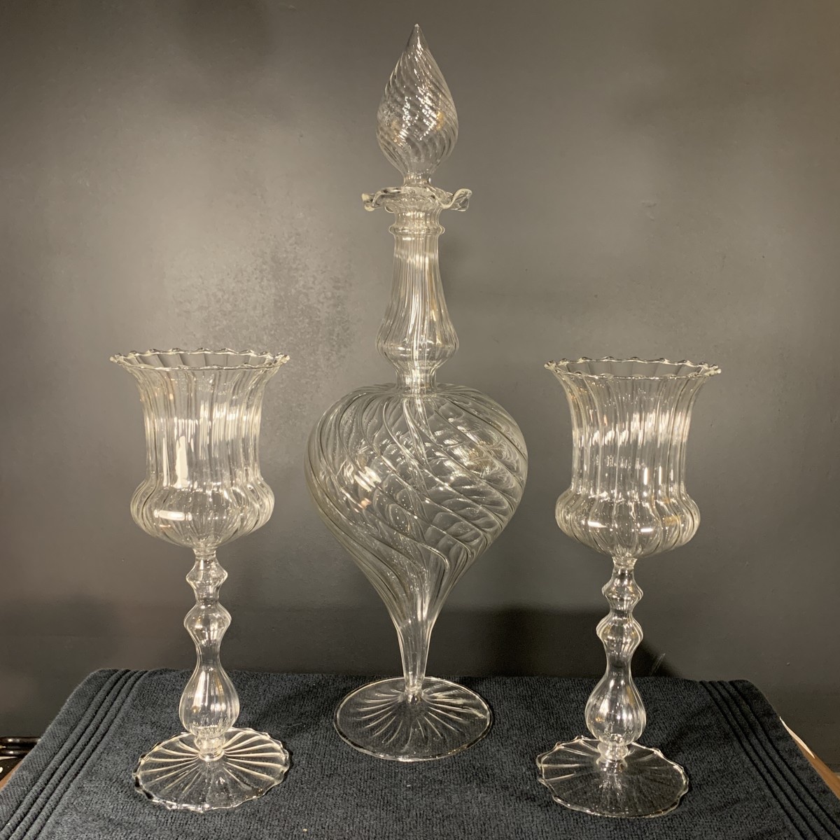 MURANO, ensemble carafe 6 verres et mélangeur, verre soufflé incolore, 1980s-photo-3