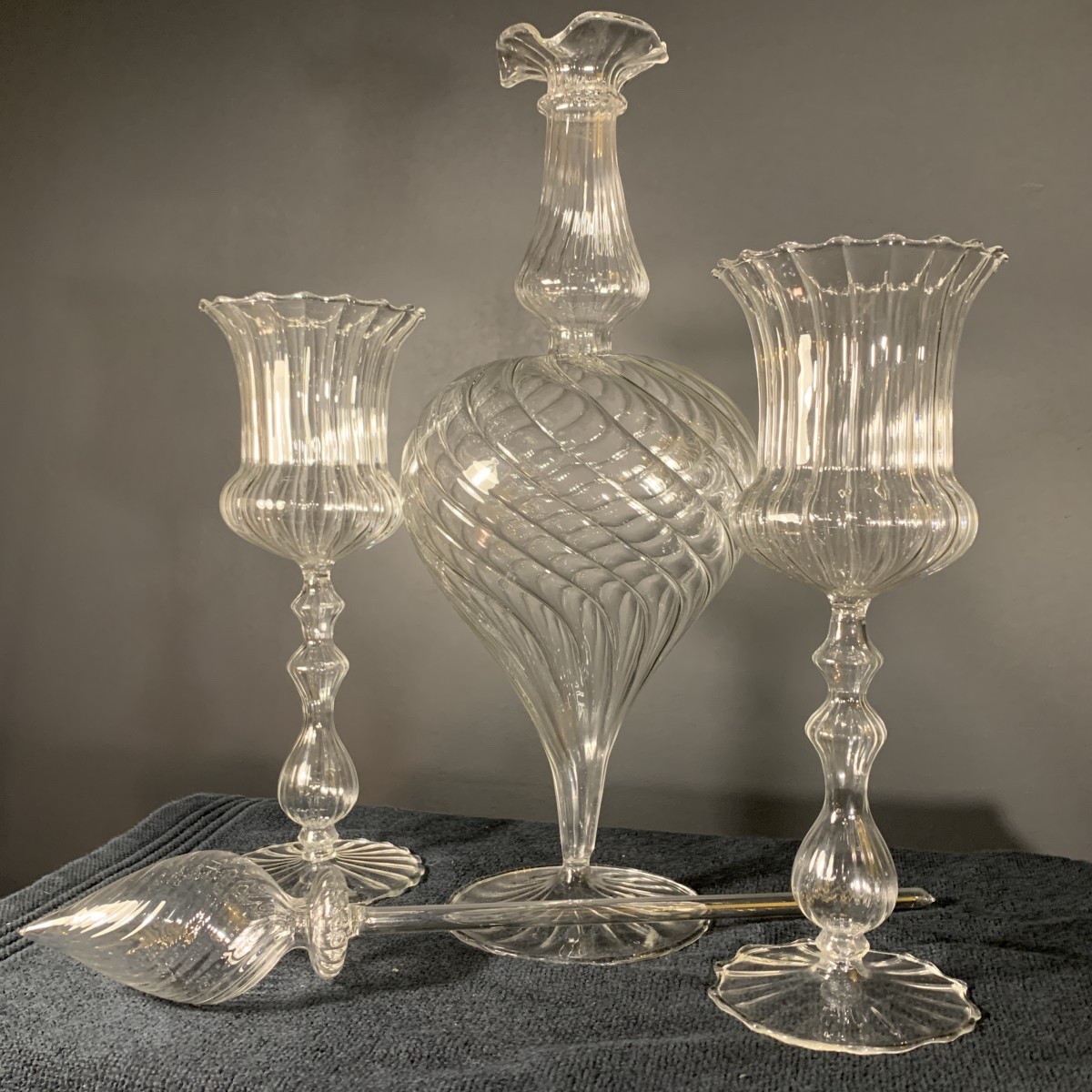 MURANO, ensemble carafe 6 verres et mélangeur, verre soufflé incolore, 1980s-photo-3