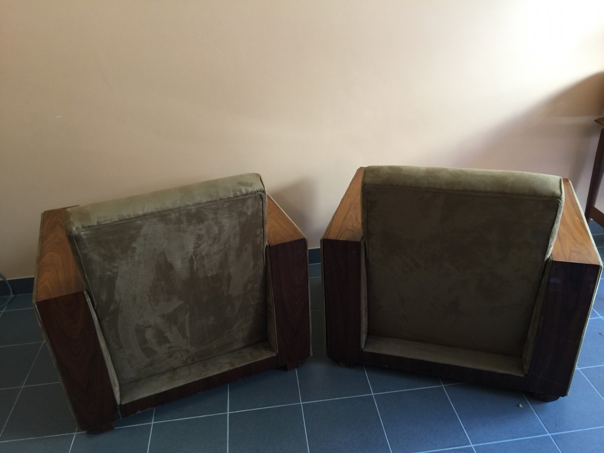 Pair Of Modernist And Cubist Art Deco Armchairs / Clubs, Alcantara And Walnut, Circa 1930-photo-1
