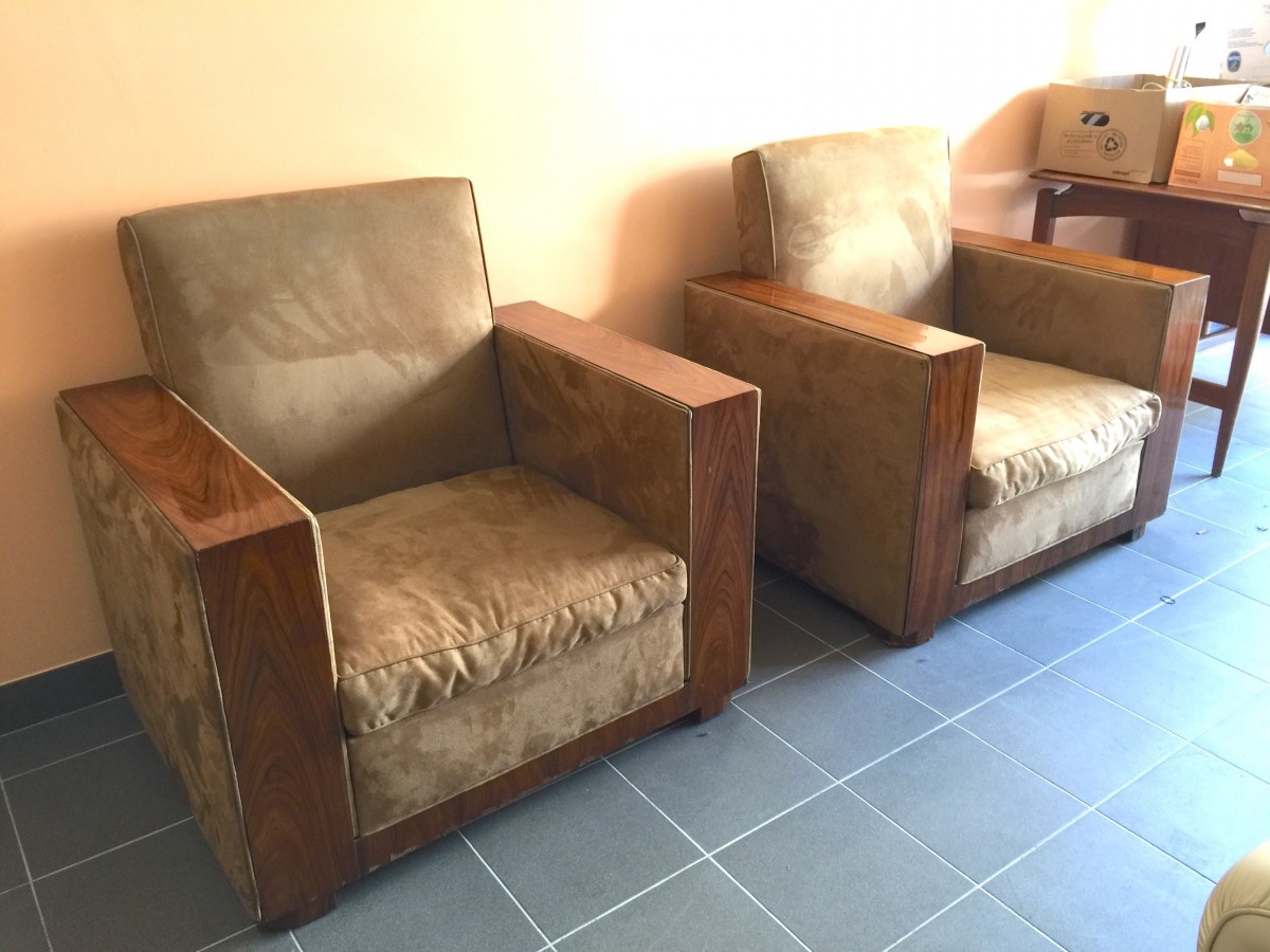 Pair Of Modernist And Cubist Art Deco Armchairs / Clubs, Alcantara And Walnut, Circa 1930-photo-3