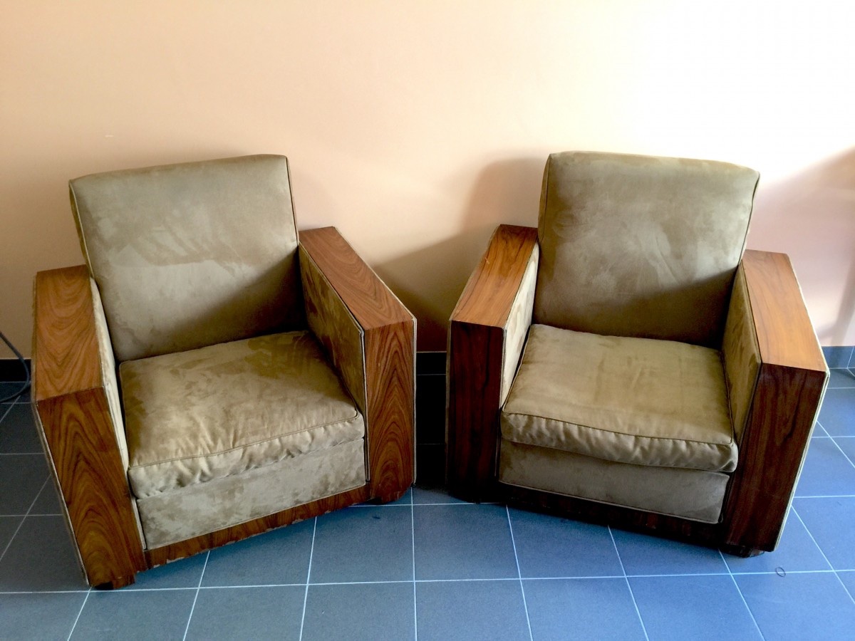 Pair Of Modernist And Cubist Art Deco Armchairs / Clubs, Alcantara And Walnut, Circa 1930-photo-4