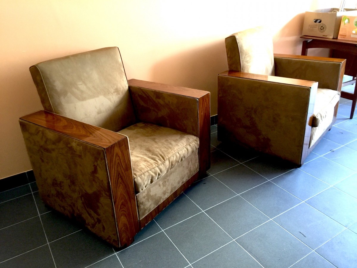Pair Of Modernist And Cubist Art Deco Armchairs / Clubs, Alcantara And Walnut, Circa 1930-photo-5