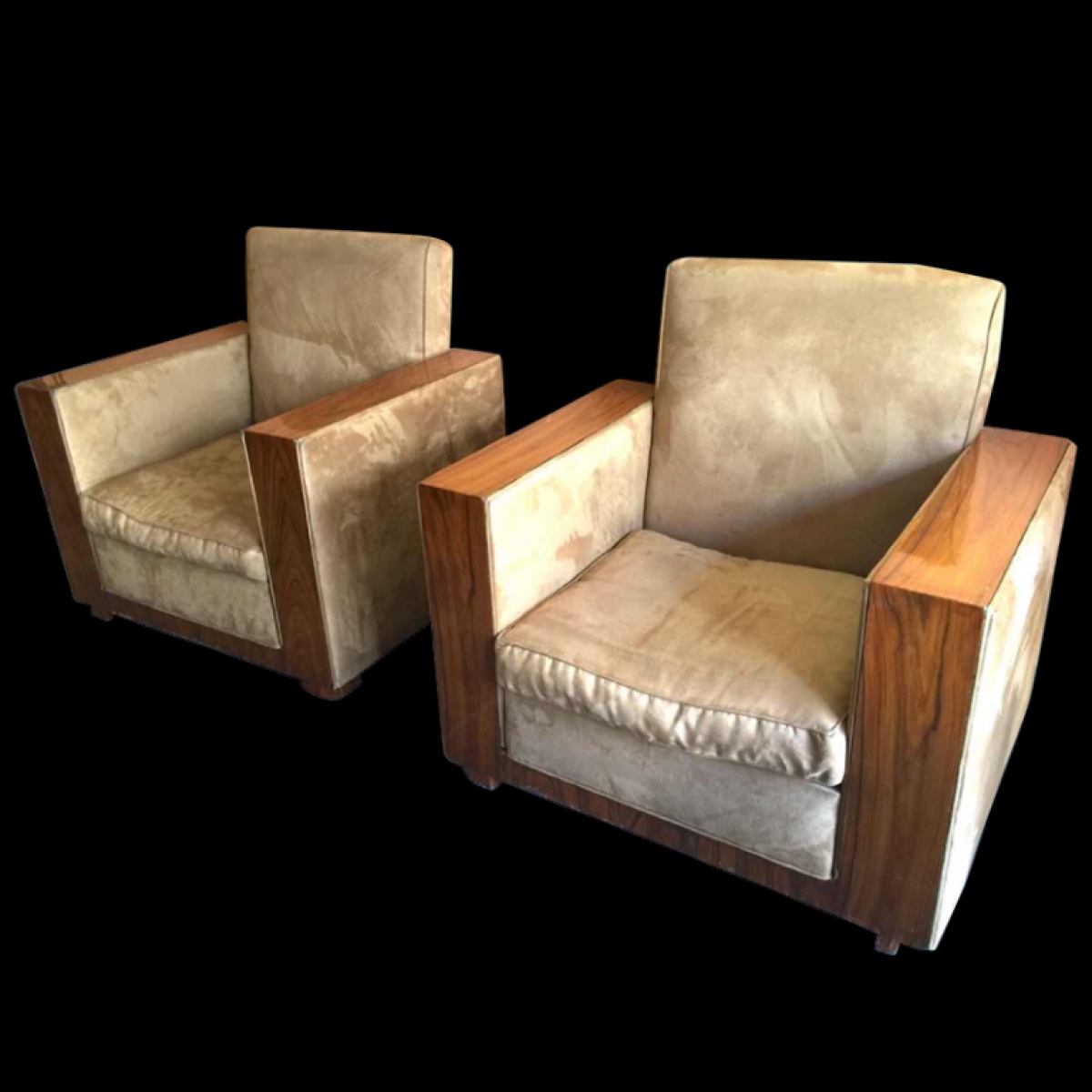 Pair Of Modernist And Cubist Art Deco Armchairs / Clubs, Alcantara And Walnut, Circa 1930