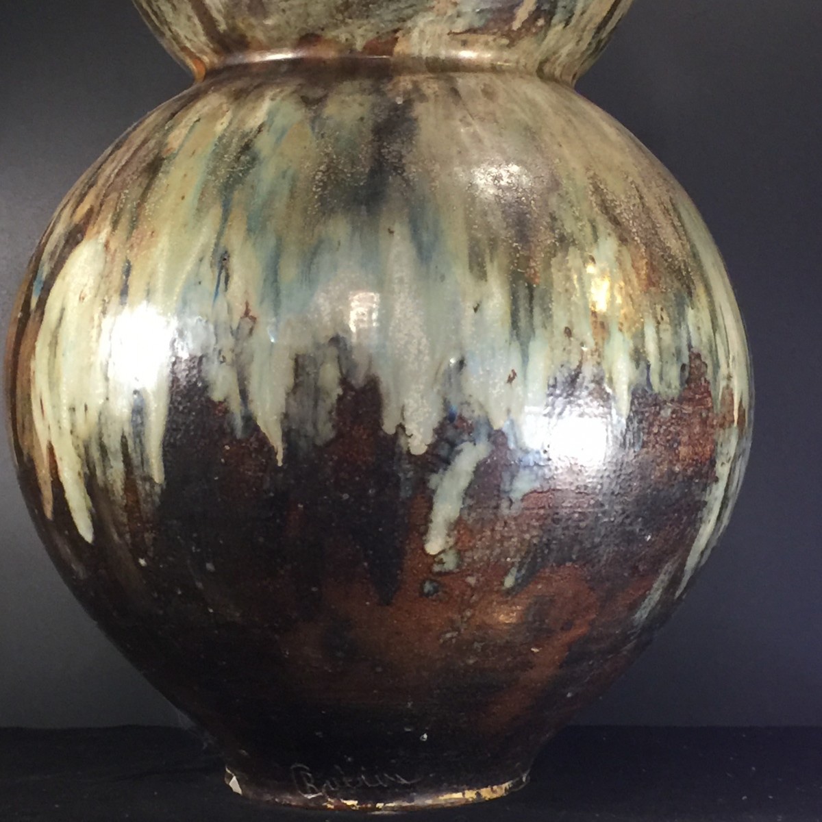 ROGER GUERIN, Monumental vase trilobé, pièce UNIQUE de 102 cm, grès salé Art Deco, 1920-photo-2