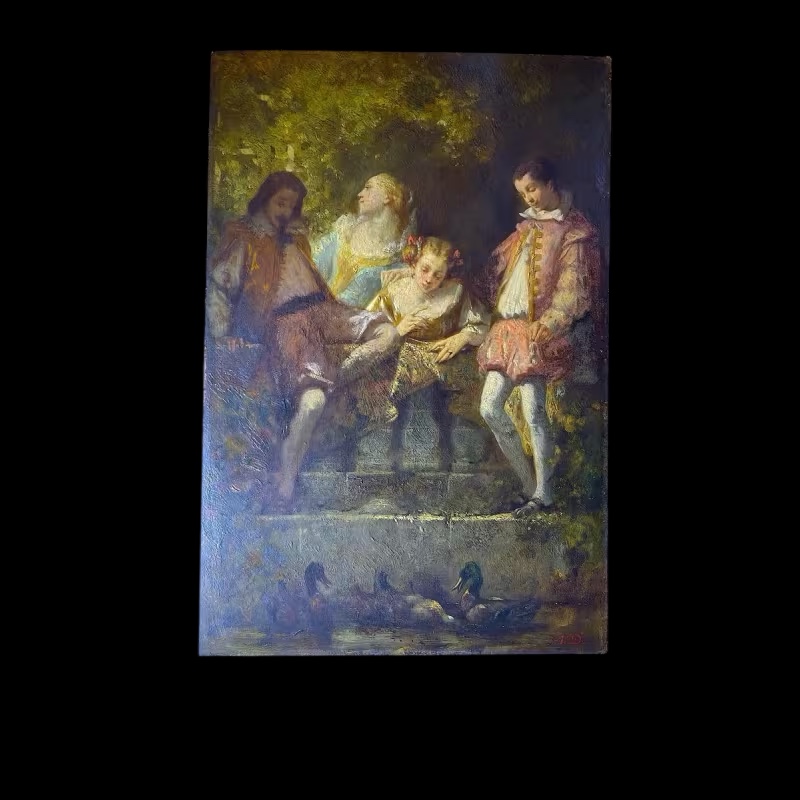 Narcisse Virgile Diaz De La Pena "gallant Scene In The Park" Oil Painting On Panel, Ca. 1850