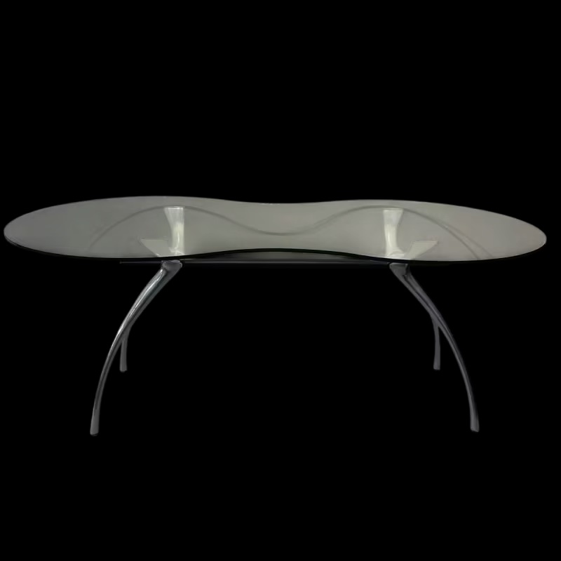 BERNARD DEQUET, table bureau en aluminium brossé et verre "rognon", design français ca 1990