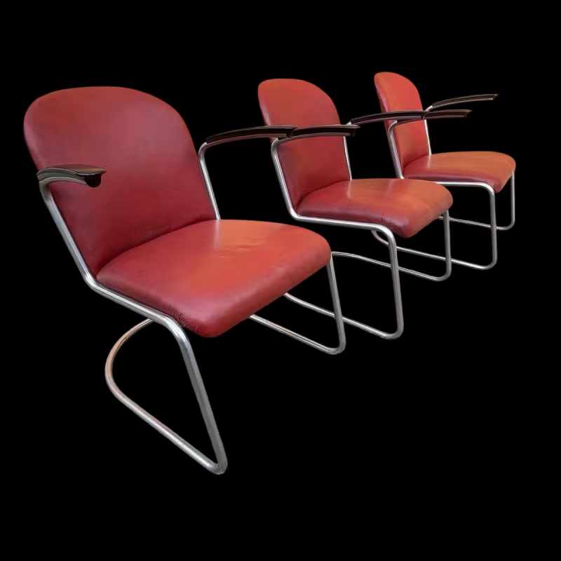 WILLEM HENDRIK GISPEN, set de 3 fauteuils 413 Art Déco moderniste, structure cantilever tube d'