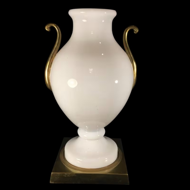 Venini Primavera In Murano, White Opaline Glass With Gold Handles, Chiseled Bronze Base, 20th Century