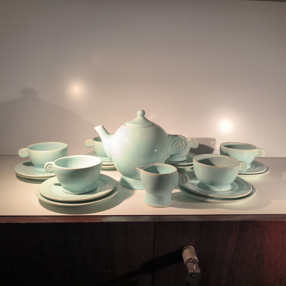 JEAN LUCE pour VILLEROY & BOCH Mettlach, rare service à thé Art Déco bleu céladon, céramique cr-photo-2