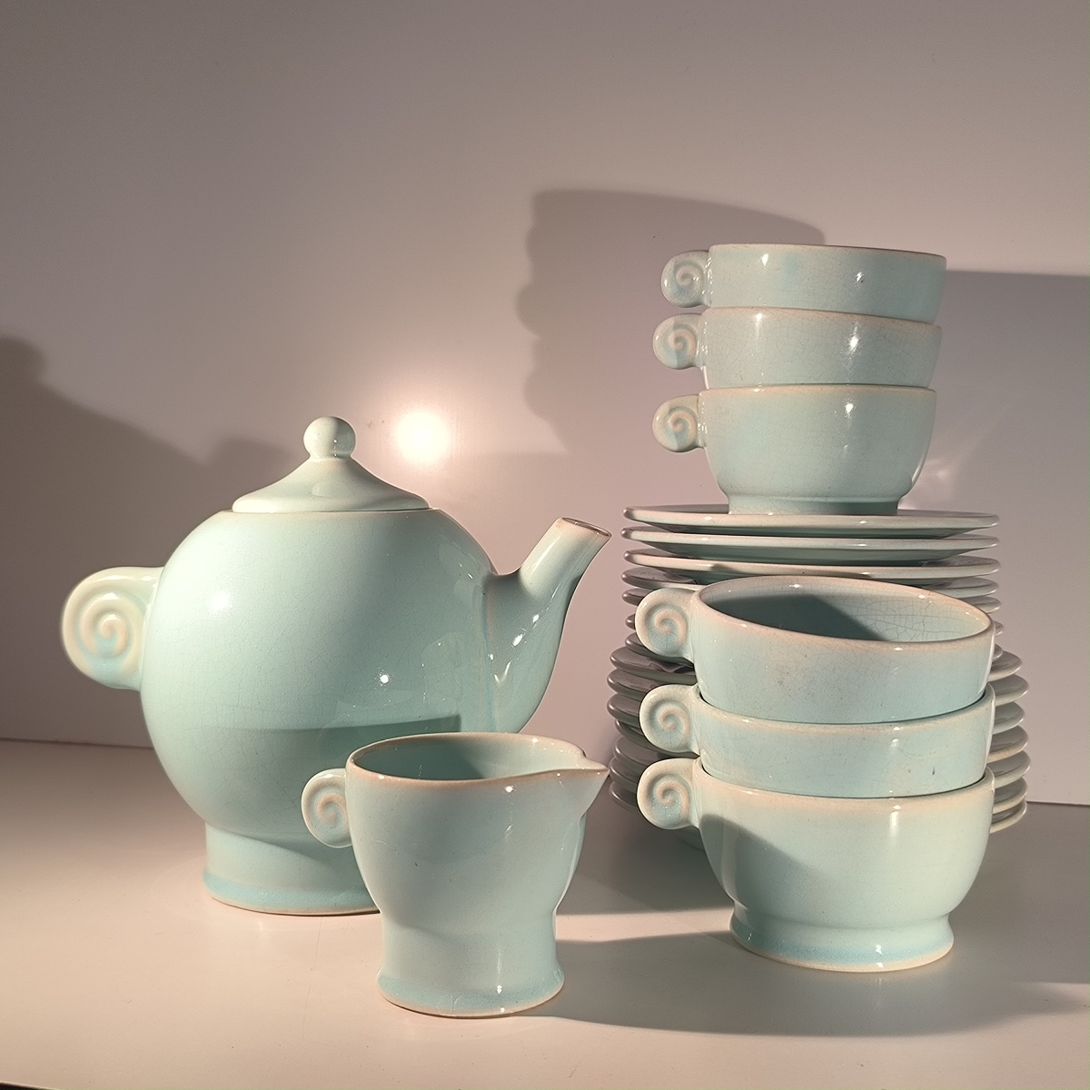 JEAN LUCE pour VILLEROY & BOCH Mettlach, rare service à thé Art Déco bleu céladon, céramique cr-photo-3