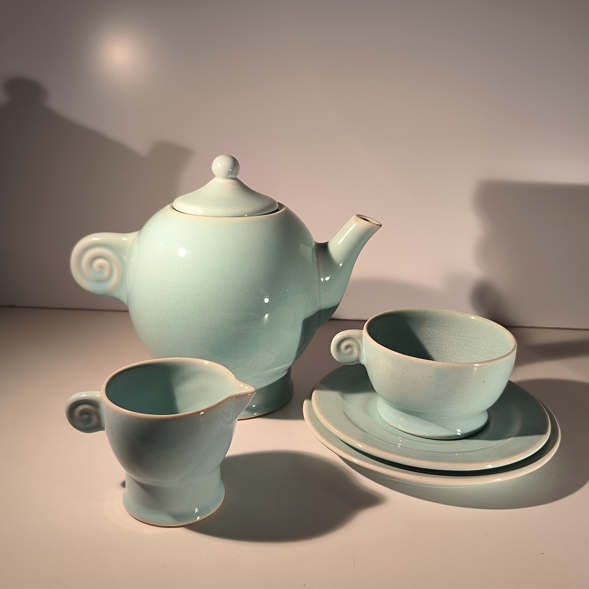 JEAN LUCE pour VILLEROY & BOCH Mettlach, rare service à thé Art Déco bleu céladon, céramique cr-photo-4