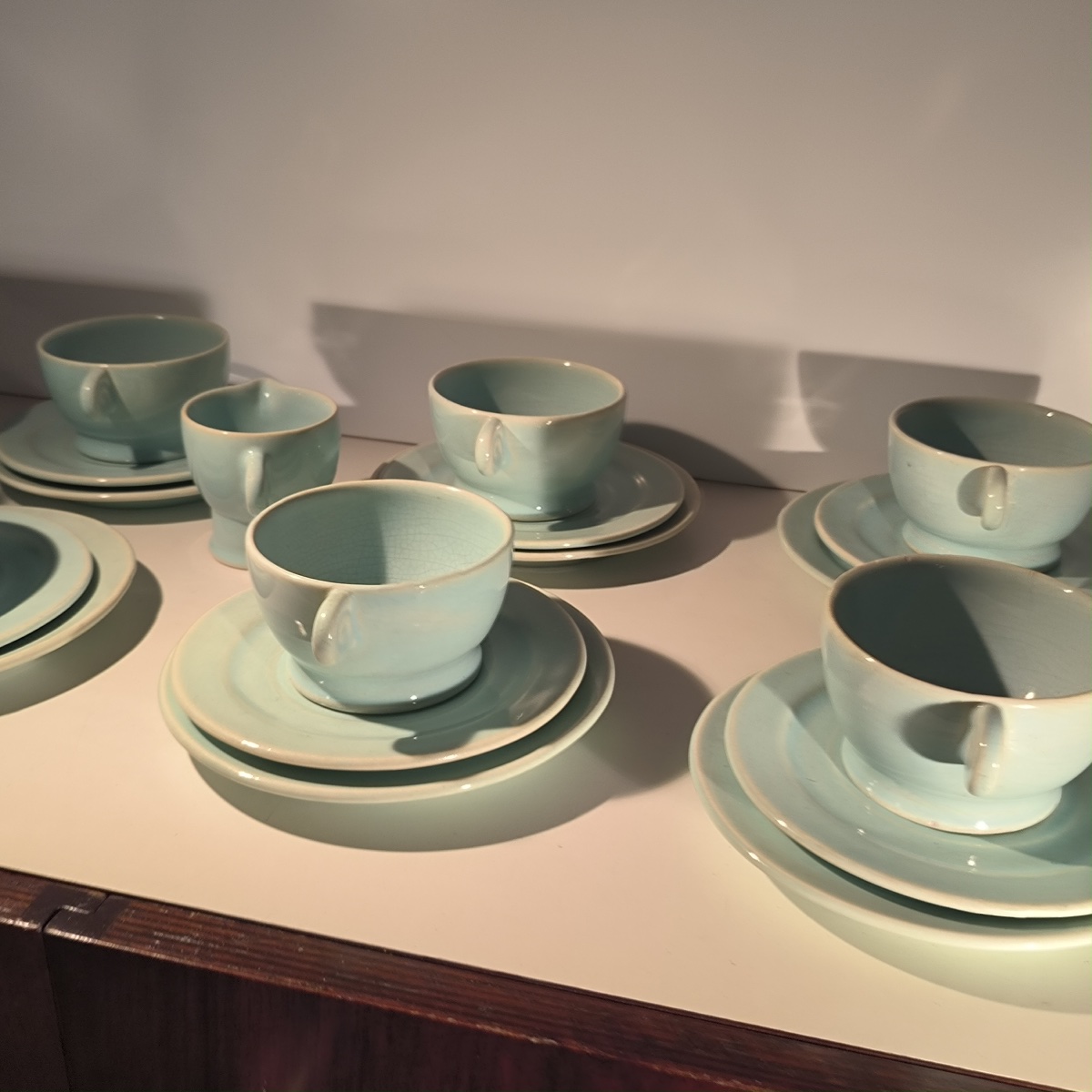 JEAN LUCE pour VILLEROY & BOCH Mettlach, rare service à thé Art Déco bleu céladon, céramique cr-photo-2