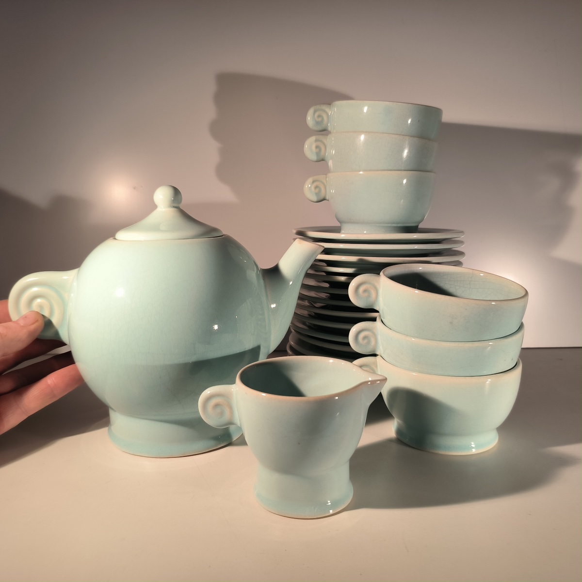 JEAN LUCE pour VILLEROY & BOCH Mettlach, rare service à thé Art Déco bleu céladon, céramique cr-photo-4