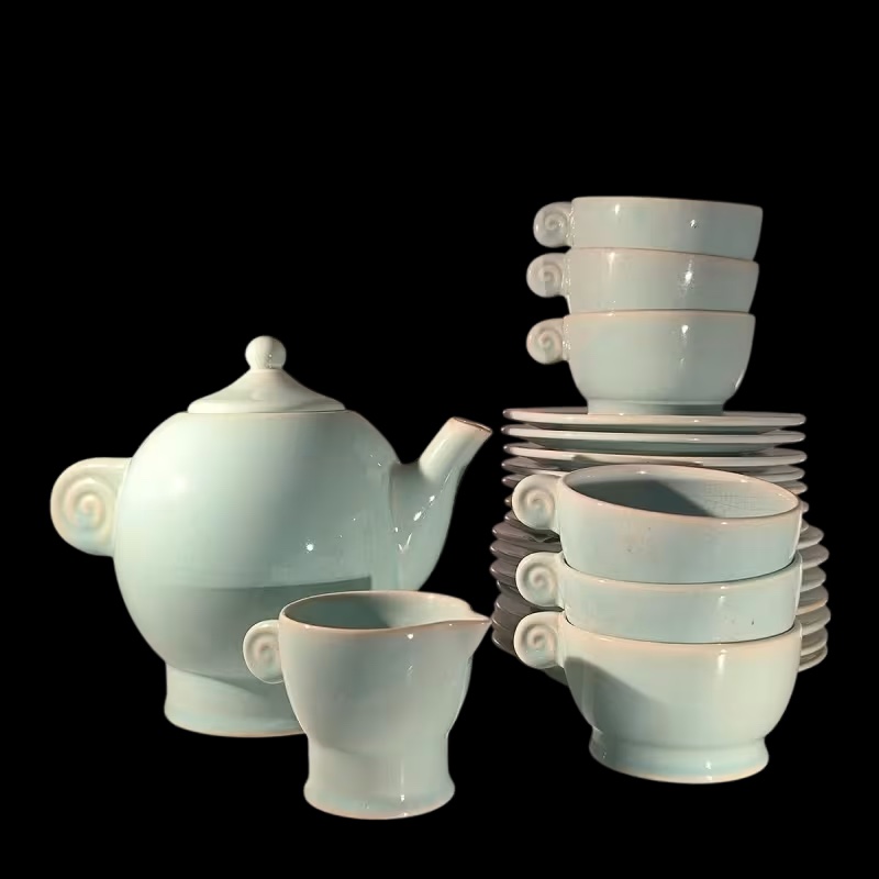 JEAN LUCE pour VILLEROY & BOCH Mettlach, rare service à thé Art Déco bleu céladon, céramique cr