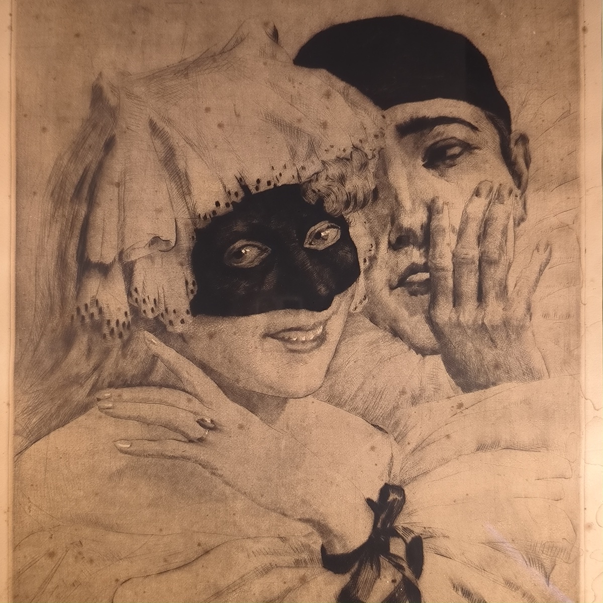 'pierrot And Colombine - Commedia Dell'arte,' Large Signed Etching, Ca. 1920-photo-3