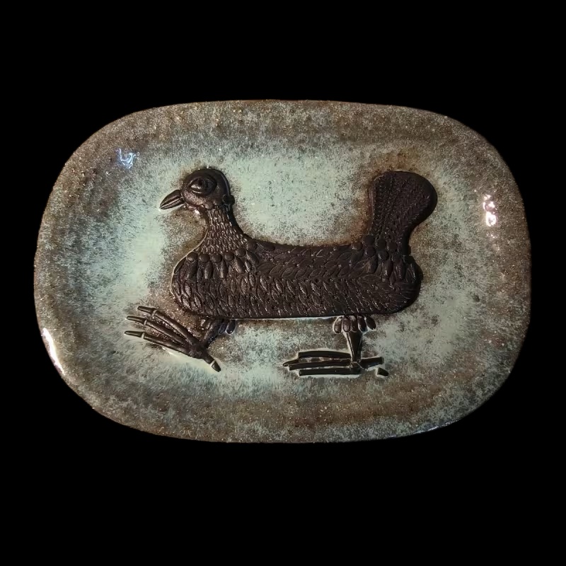 Marie-henriette Bataille For Dour, Ceramic Dish, Stylized Bird Design In Bas-relief, Ca.
