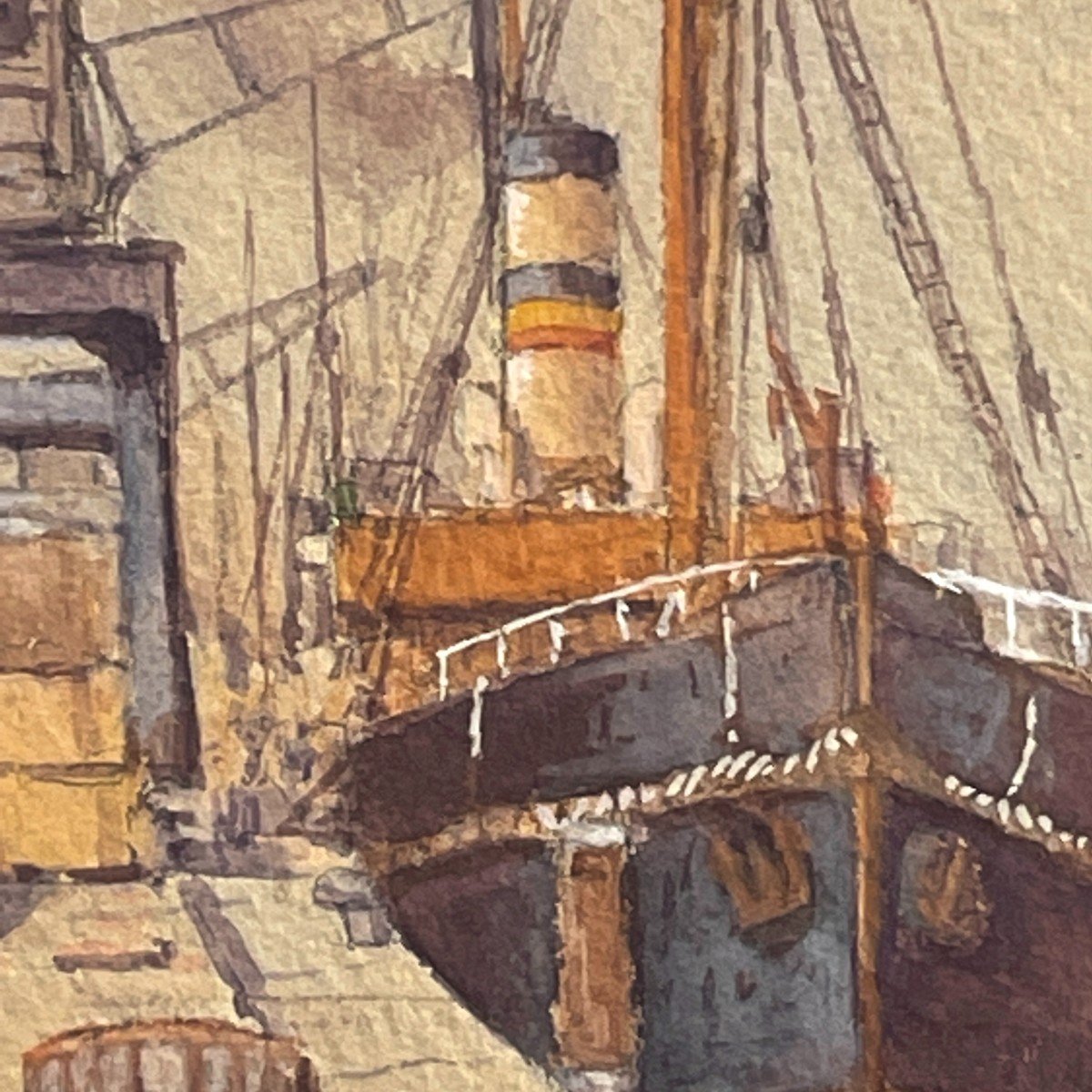 Emile Lhernault "Quai à Bruxelles" Tableau Aquarelle Marine Halage, ca 1910-photo-3