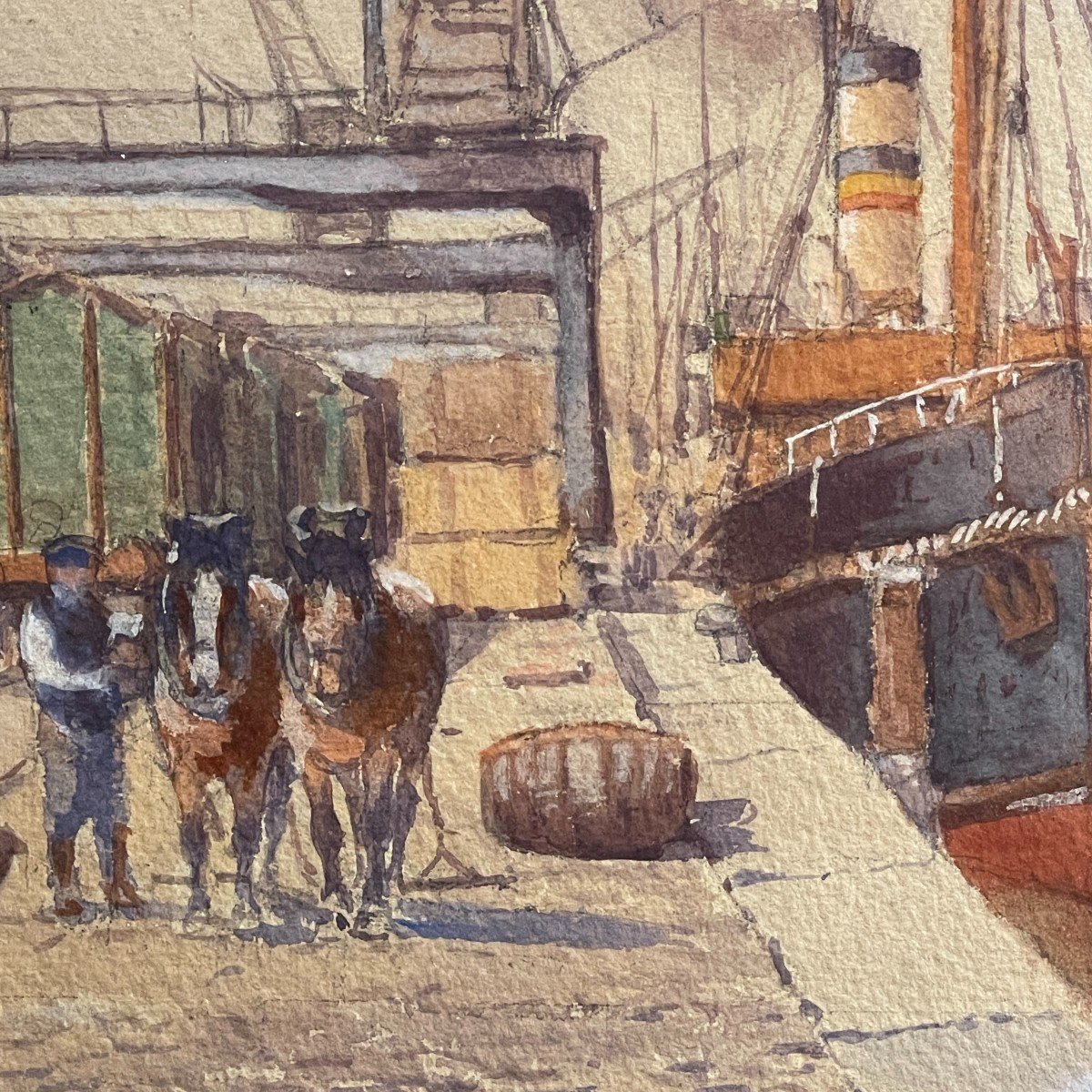 Emile Lhernault "Quai à Bruxelles" Tableau Aquarelle Marine Halage, ca 1910-photo-4