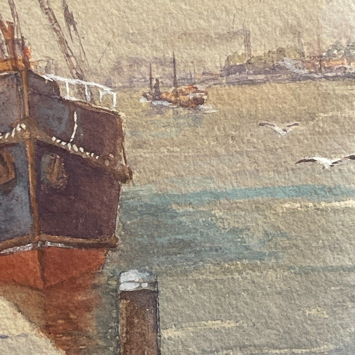 Emile Lhernault "Quai à Bruxelles" Tableau Aquarelle Marine Halage, ca 1910-photo-1