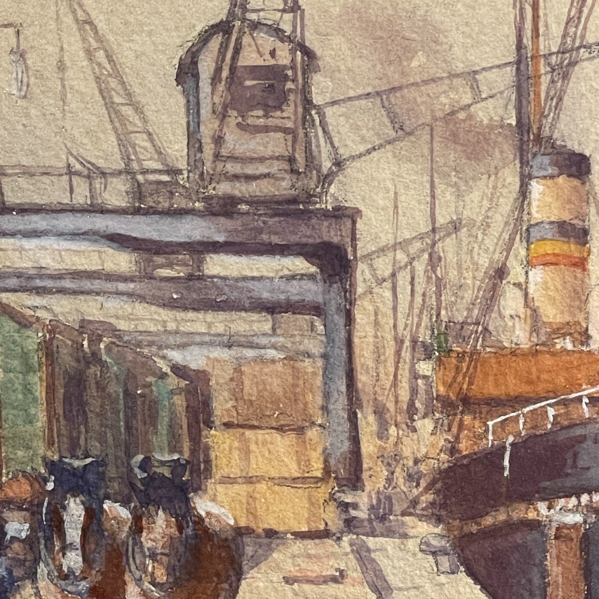 Emile Lhernault "Quai à Bruxelles" Tableau Aquarelle Marine Halage, ca 1910-photo-3