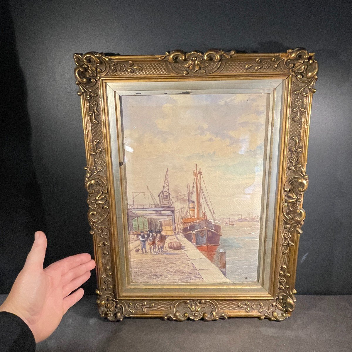 Emile Lhernault "Quai à Bruxelles" Tableau Aquarelle Marine Halage, ca 1910-photo-4