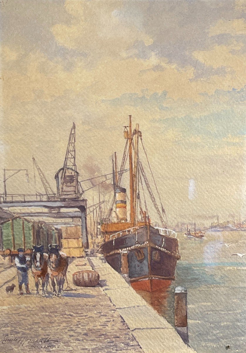 Emile Lhernault "Quai à Bruxelles" Tableau Aquarelle Marine Halage, ca 1910