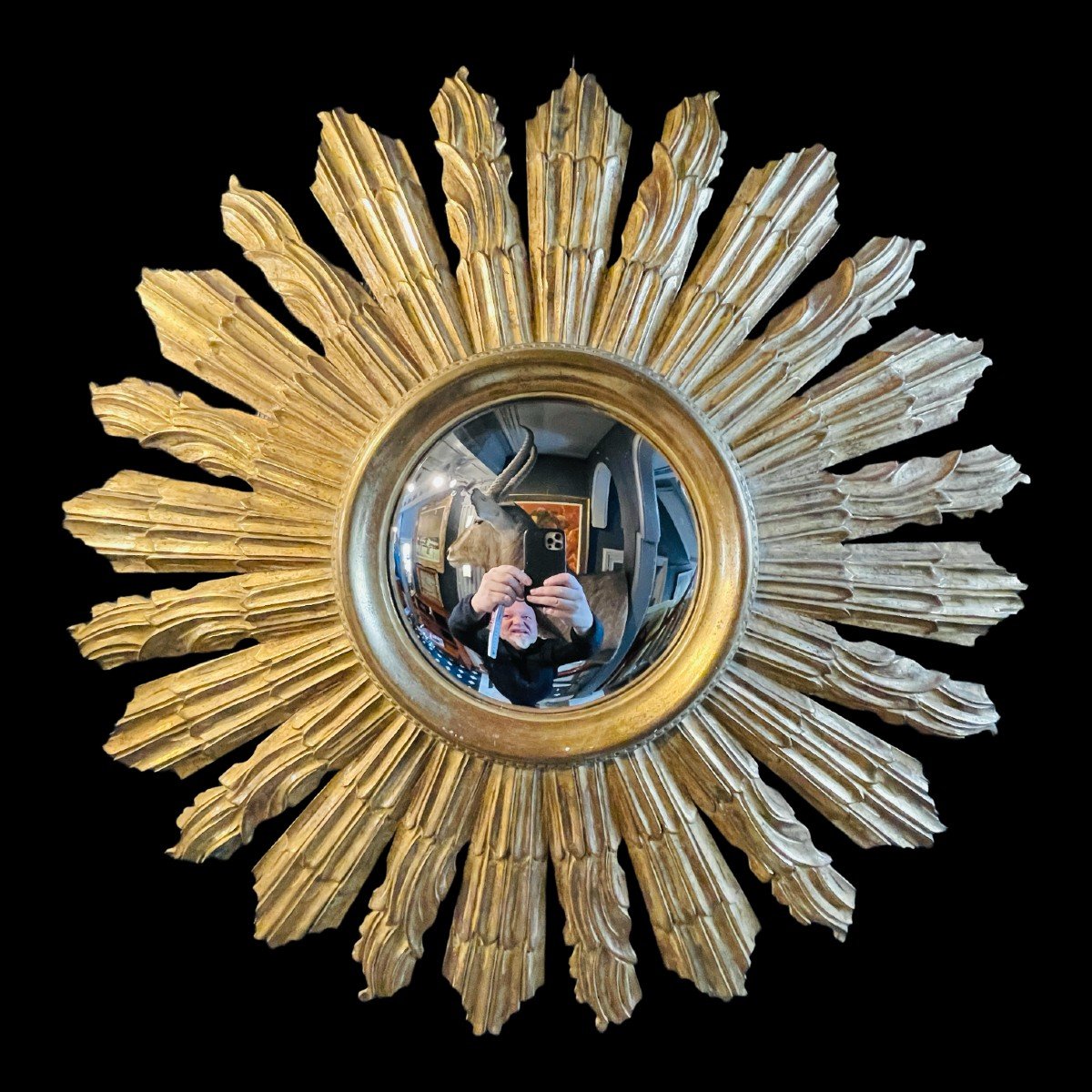 Miroir De Sorcière, Applique Murale Soleil (70 Cm), Bois Sculpté Doré, Ca 1950-photo-2