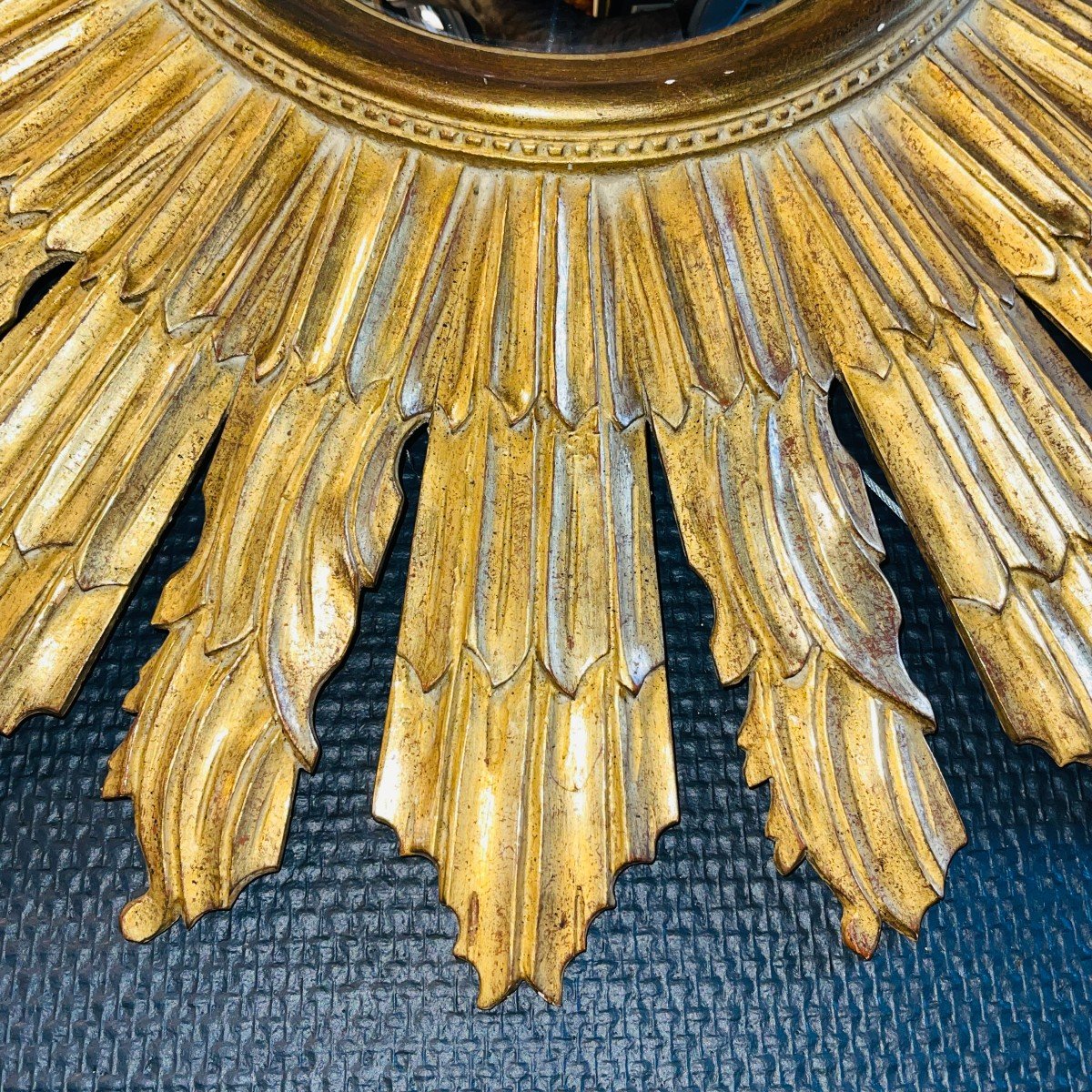 Miroir De Sorcière, Applique Murale Soleil (70 Cm), Bois Sculpté Doré, Ca 1950-photo-1