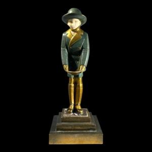 Sculpture Chryséléphantine Art Déco 'fille Au Panier', Bronze à Patine Verte Et Dorée, Ca 1930