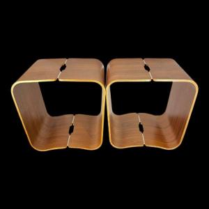 Paire De Tabourets / Tables d'Appoint, Palissandre Alu, Bois Mutlipex Courbé, Design Scandinave