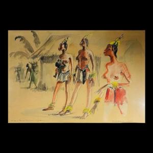 Paul Daxhelet "african Dancers, First-time Mothers, Ecuador" Africanist Painting, Circa 1950