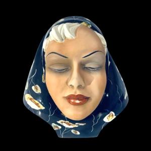 Triart Bassano 'face Of A Woman With A Veil' Bust Sculpture, Polychrome Art Deco Ceramic, Ca 19