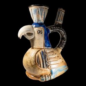 Jules Guérin, vase sculpture céramique zoomorphe "oiseau inca / aztèque" grès de Bouffioulx 50'