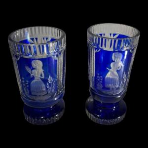 Bohemian Crystal, Set Of 2 Glasses Decorated With Elegant, Double-cut Cobalt Blue, Ca 1900