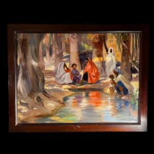 Charles Ernest Smets "oasis Of Tinghir Morocco" Orientalist Impressionist Painting, 1940