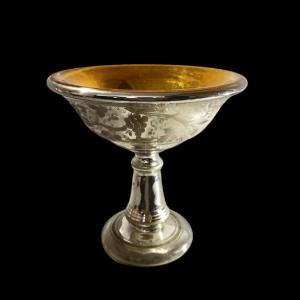 Blown Mercury And Gilded "sulfide" Glass Bowl, Acid-etched Floral Decoration, Late 19th Century