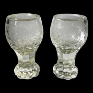 Pair Of Stemmed Glasses In Thick Cut Crystal With Scrollwork And Monogram Decoration, Circa 1900 