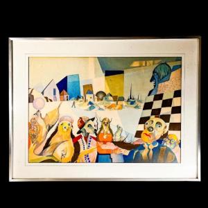 Tableau cubo-surréaliste, technique mixte sur papier, signé et daté David 1974