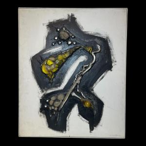 Gilbert AUQUIERE "Fusion XXI" technique mixte, tableau abstrait peint sur panneau en 1965